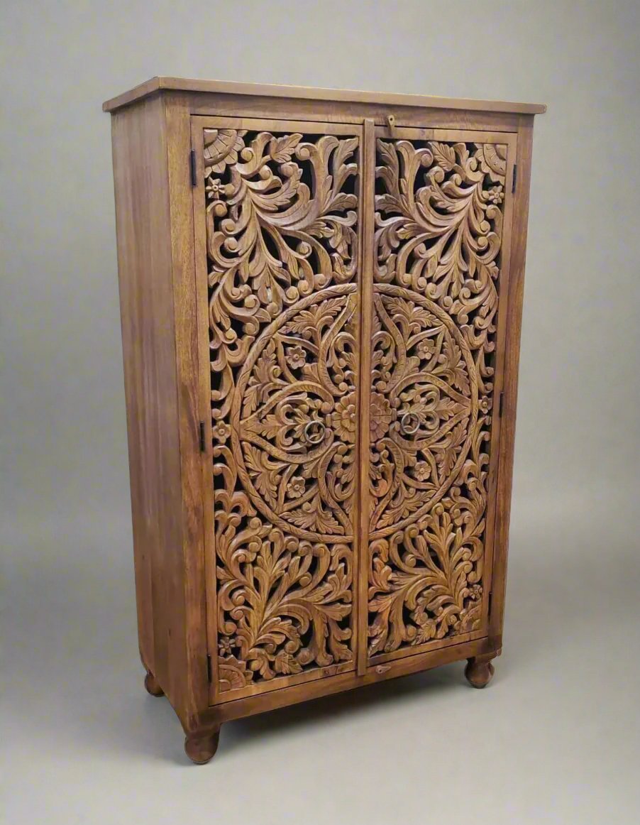 Hand-Carved Mango Wood Wardrobe – Natural Polished Finish with Floral Detailing