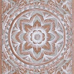 hand carved wall panel, mango wood wall art, triptych wall panel, natural wood panel, whitewashed panel, three panel wall art, square wall panel, jali carved panel, openwork wall hanging, lotus medallion panel, acanthus wall art, heritage wall art, indian furniture, living room wall art, bedroom wall decor, home office wall panel, decorative wall panel, handmade wall art, artisan made panel, premium wood art, quality wood decor, durable wall panel, solid wood panel, timeless wall art, elegant panel, stateme
