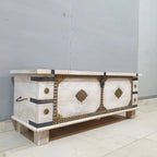 hand carved blanket box, wooden trunk, whitewashed blanket box, brass fittings box, brass medallion trunk, blanket trunk, linen chest, indian furniture, bedroom blanket box, living room trunk, entryway chest, storage bench, coffee table trunk, handmade blanket box, artisan made trunk, premium wood chest, quality wood furniture, durable trunk, sturdy blanket box, timeless chest, elegant trunk, statement blanket box, heirloom chest, mughal style trunk, vintage blanket box, eclectic chest, coastal trunk, rusti