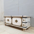 hand carved blanket box, wooden trunk, whitewashed blanket box, brass fittings box, brass medallion trunk, blanket trunk, linen chest, indian furniture, bedroom blanket box, living room trunk, entryway chest, storage bench, coffee table trunk, handmade blanket box, artisan made trunk, premium wood chest, quality wood furniture, durable trunk, sturdy blanket box, timeless chest, elegant trunk, statement blanket box, heirloom chest, mughal style trunk, vintage blanket box, eclectic chest, coastal trunk, rusti