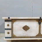 hand carved blanket box, wooden trunk, whitewashed blanket box, brass fittings box, brass medallion trunk, blanket trunk, linen chest, indian furniture, bedroom blanket box, living room trunk, entryway chest, storage bench, coffee table trunk, handmade blanket box, artisan made trunk, premium wood chest, quality wood furniture, durable trunk, sturdy blanket box, timeless chest, elegant trunk, statement blanket box, heirloom chest, mughal style trunk, vintage blanket box, eclectic chest, coastal trunk, rusti