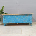 hand carved blanket box, mango wood trunk, blue blanket box, distressed blue trunk, two tone box, natural top trunk, blanket trunk, linen chest, indian furniture, bedroom blanket box, living room trunk, entryway chest, storage bench, coffee table trunk, handmade blanket box, artisan made trunk, premium wood chest, quality wood furniture, durable trunk, sturdy blanket box, timeless chest, elegant trunk, statement blanket box, heirloom chest, coastal trunk, bohemian blanket box, eclectic chest, vintage trunk,