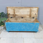 hand carved blanket box, mango wood trunk, blue blanket box, distressed blue trunk, two tone box, natural top trunk, blanket trunk, linen chest, indian furniture, bedroom blanket box, living room trunk, entryway chest, storage bench, coffee table trunk, handmade blanket box, artisan made trunk, premium wood chest, quality wood furniture, durable trunk, sturdy blanket box, timeless chest, elegant trunk, statement blanket box, heirloom chest, coastal trunk, bohemian blanket box, eclectic chest, vintage trunk,