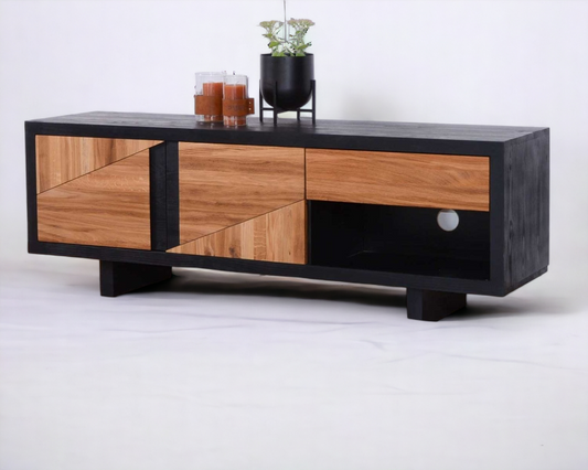 Black TV stand with storage, modern solid wood design