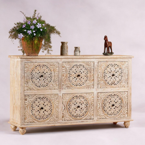 White Rustic Hand Carved Solid Wood Cabinet