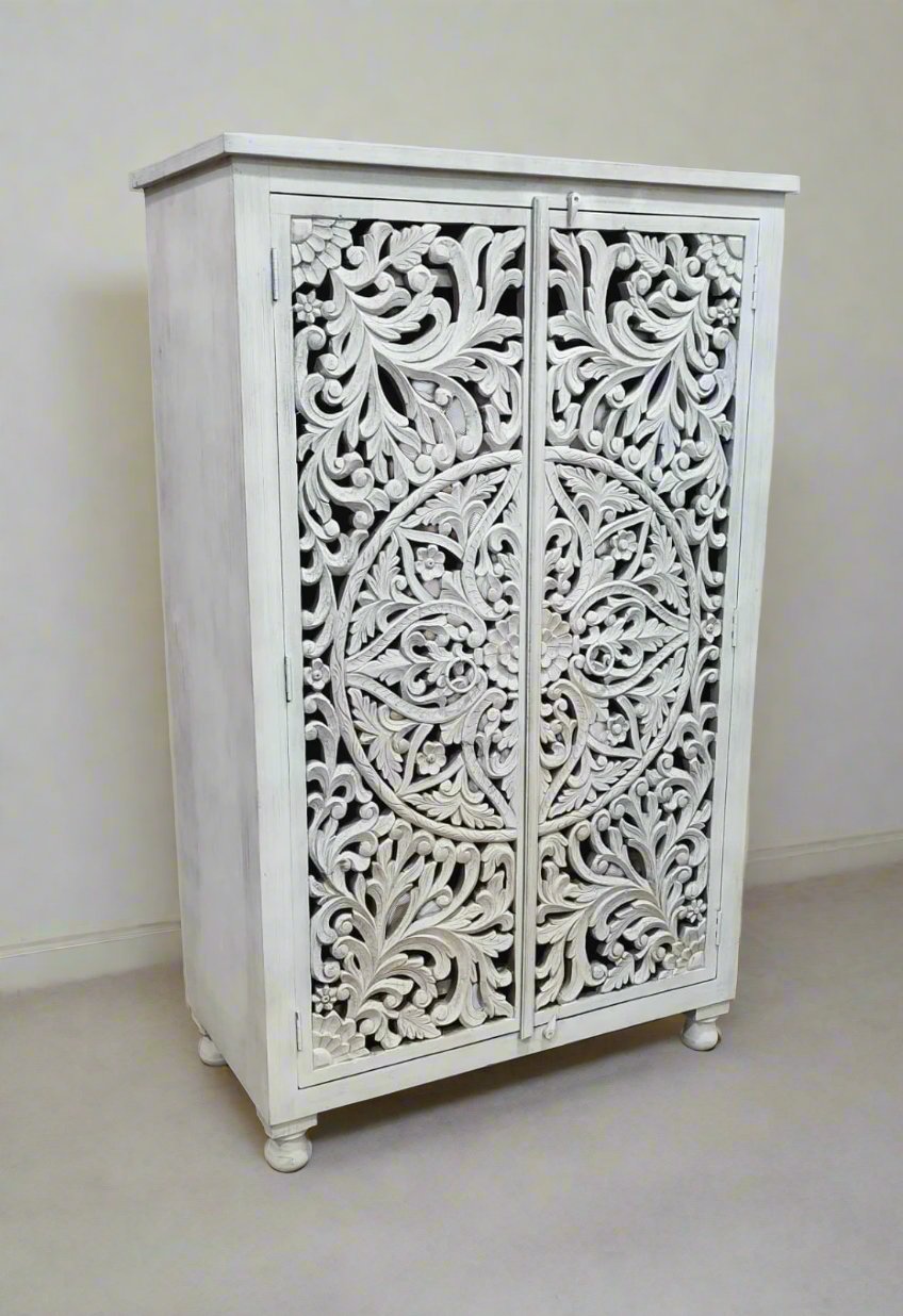 Hand-Carved Mango Wood Wardrobe – Whitewashed Finish with Floral Detailing
