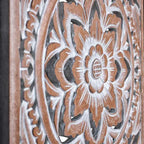 hand carved wall panel, mango wood wall art, triptych wall panel, natural wood panel, whitewashed panel, three panel wall art, square wall panel, jali carved panel, openwork wall hanging, lotus medallion panel, acanthus wall art, heritage wall art, indian furniture, living room wall art, bedroom wall decor, home office wall panel, decorative wall panel, handmade wall art, artisan made panel, premium wood art, quality wood decor, durable wall panel, solid wood panel, timeless wall art, elegant panel, stateme