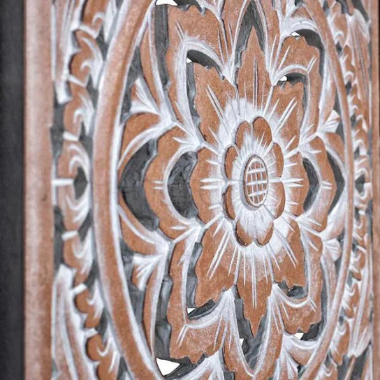 hand carved wall panel, mango wood wall art, triptych wall panel, natural wood panel, whitewashed panel, three panel wall art, square wall panel, jali carved panel, openwork wall hanging, lotus medallion panel, acanthus wall art, heritage wall art, indian furniture, living room wall art, bedroom wall decor, home office wall panel, decorative wall panel, handmade wall art, artisan made panel, premium wood art, quality wood decor, durable wall panel, solid wood panel, timeless wall art, elegant panel, stateme