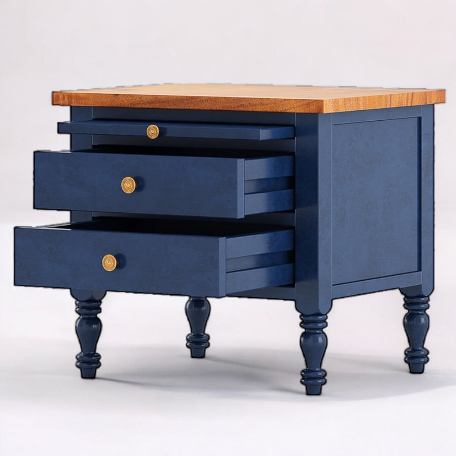 Stylish modern nightstand paired with bedside lamps.
