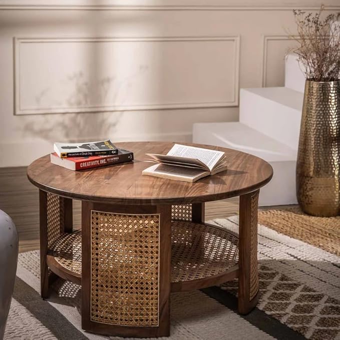 Reaptan Table Rattan Elegance Acacia Wood Cane Coffee Table — Round with Woven Ratta ...