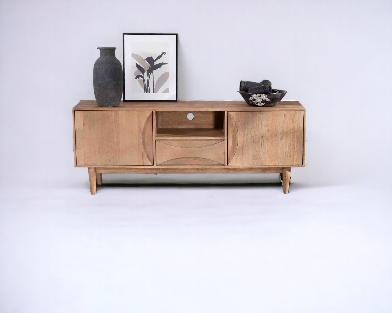 "TV console cabinet featuring multiple compartments and a sleek, modern finish."
