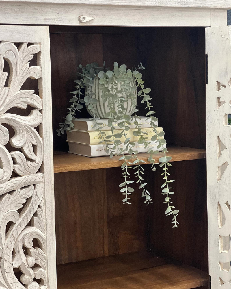 Hand-Carved Mango Wood Wardrobe – Whitewashed Finish with Floral Detailing