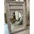 mango wood mirror, carved mirror, mehrab mirror, arched mirror, islamic mirror, moroccan mirror, distressed mirror, white mirror, rustic mirror, antique mirror, wall mirror, statement mirror, architectural mirror, jali mirror, mughal mirror, traditional mirror, handmade mirror, artisan mirror, premium mirror, quality mirror, durable mirror, elegant mirror, unique mirror, decorative mirror, focal piece mirror, handcrafted in india, sustainable mango wood, distressed white, white finish, rustic antiquing, war