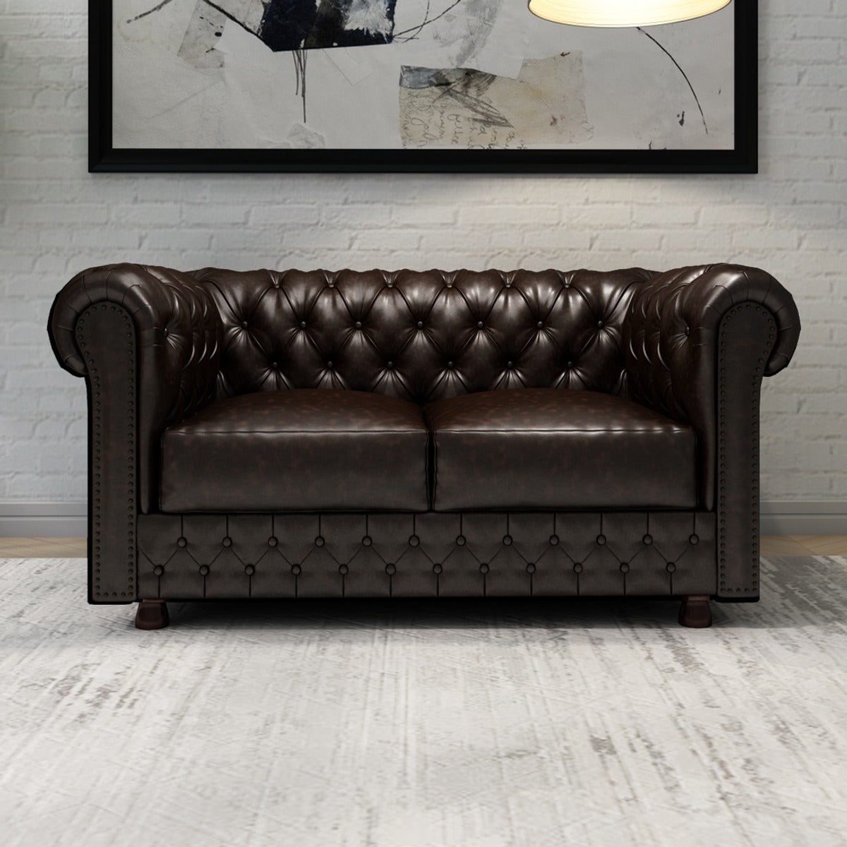Modern Chesterfield Leather Sofa | 2 Seater Tufted Couch | Handcrafted Compact Living Room Seating | Living Furn India