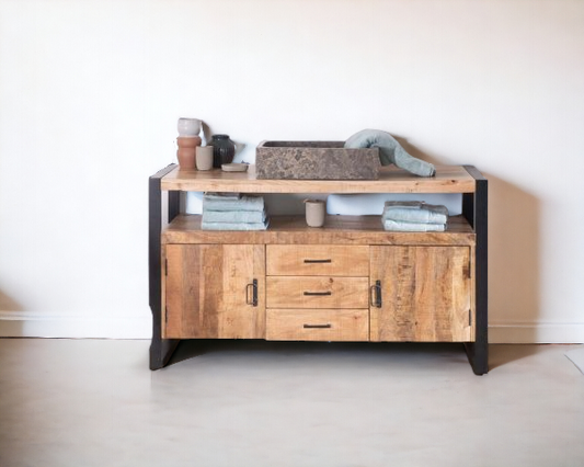 Vanity cabinet in a stylish bathroom design, offering functional storage space.
