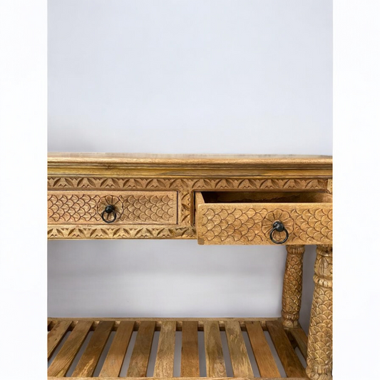 Handcrafted 4Drawer Solid Wood Console Table with Carved Detailing