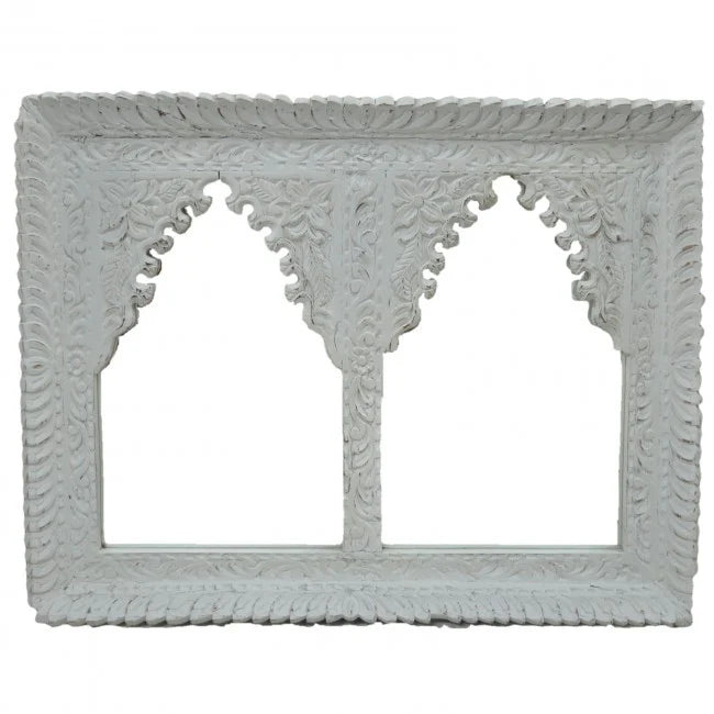 mango wood mirror, carved mirror, mehrab mirror, double arch mirror, arched mirror, white mirror, walnut mirror, rustic mirror, islamic mirror, moroccan mirror, wall mirror, statement mirror, architectural mirror, double mirror, twin arch, horizontal mirror, traditional mirror, handmade mirror, artisan mirror, premium mirror, quality mirror, durable mirror, elegant mirror, unique mirror, decorative mirror, focal piece mirror, handcrafted in india, sustainable mango wood, white finish, walnut finish, rustic 