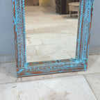 hand carved mirror, wooden frame mirror, rustic blue mirror, turquoise mirror, distressed blue mirror, full length mirror, wall mirror, mehrab arch mirror, arched mirror, entryway mirror, narrow mirror, dressing mirror, decorative mirror, indian furniture, handmade mirror, artisan made mirror, premium wood mirror, quality mirror, durable mirror, sturdy mirror, timeless mirror, elegant mirror, statement mirror, ornate mirror, unique mirror, sculptural mirror, focal piece mirror, handcrafted in india, sustain
