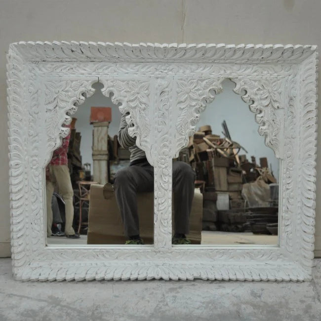 mango wood mirror, carved mirror, mehrab mirror, double arch mirror, arched mirror, white mirror, walnut mirror, rustic mirror, islamic mirror, moroccan mirror, wall mirror, statement mirror, architectural mirror, double mirror, twin arch, horizontal mirror, traditional mirror, handmade mirror, artisan mirror, premium mirror, quality mirror, durable mirror, elegant mirror, unique mirror, decorative mirror, focal piece mirror, handcrafted in india, sustainable mango wood, white finish, walnut finish, rustic 