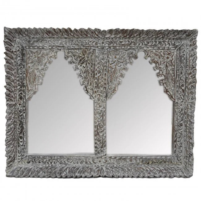 mango wood mirror, carved mirror, mehrab mirror, double arch mirror, arched mirror, white mirror, walnut mirror, rustic mirror, islamic mirror, moroccan mirror, wall mirror, statement mirror, architectural mirror, double mirror, twin arch, horizontal mirror, traditional mirror, handmade mirror, artisan mirror, premium mirror, quality mirror, durable mirror, elegant mirror, unique mirror, decorative mirror, focal piece mirror, handcrafted in india, sustainable mango wood, white finish, walnut finish, rustic 