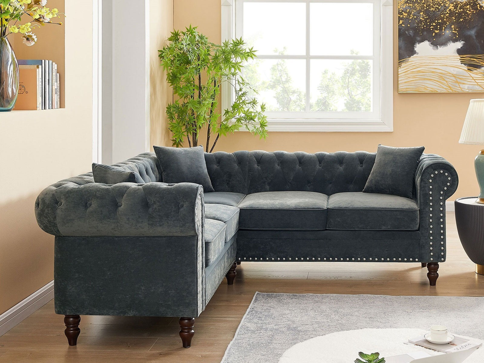 Chesterfield L-Shape Sectional Sofa | Handcrafted Living Room Seating | Living Furn India