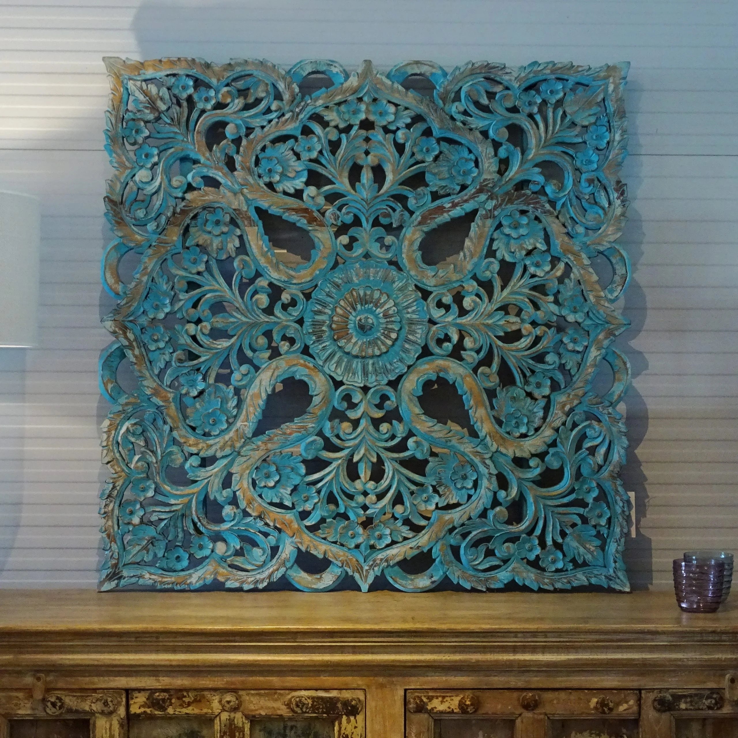 hand carved wall panel, mango wood wall art, rustic turquoise panel, square wall panel, large wall panel, oversized wall art, jali carved panel, openwork wall hanging, lotus medallion panel, acanthus wall art, jali wall art, indian furniture, living room wall art, bedroom wall decor, above bed wall panel, decorative wall panel, handmade wall art, artisan made panel, premium wood art, quality wood decor, durable wall panel, solid wood panel, sturdy wall art, timeless wall art, elegant panel, statement wall d