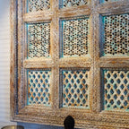 hand carved wall panel, mango wood wall art, distressed turquoise panel, oversized wall panel, geometric carved panel, openwork wall hanging, lattice grid panel, jali wall art, indian furniture, living room wall art, bedroom wall decor, entryway wall panel, decorative wall panel, handmade wall art, artisan made panel, premium wood art, quality wood decor, durable wall panel, timeless wall art, elegant panel, statement wall decor, decorative panel, unique wall art, sculptural panel, focal piece art, handcraf