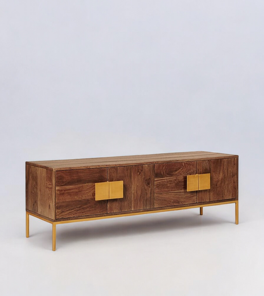 Retro-inspired mid-century TV console with sleek lines and minimalist design.
