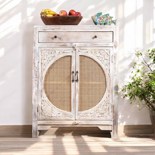 Two Door Rattan White Rustic Carving