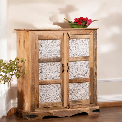 Two Door White carving Natural Cabinet