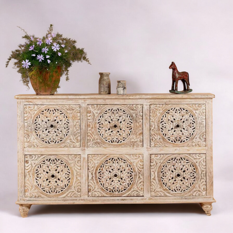 White Rustic Hand Carved Solid Wood Cabinet