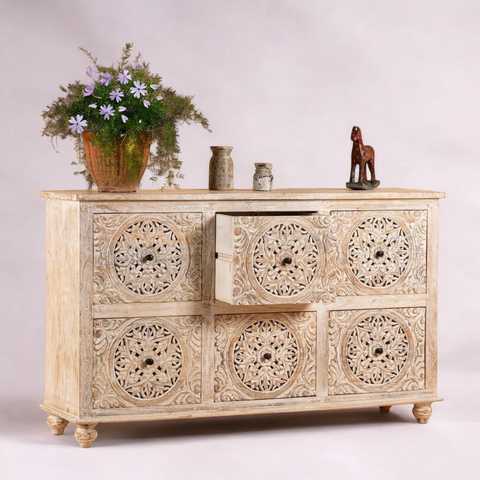 White Rustic Hand Carved Solid Wood Cabinet