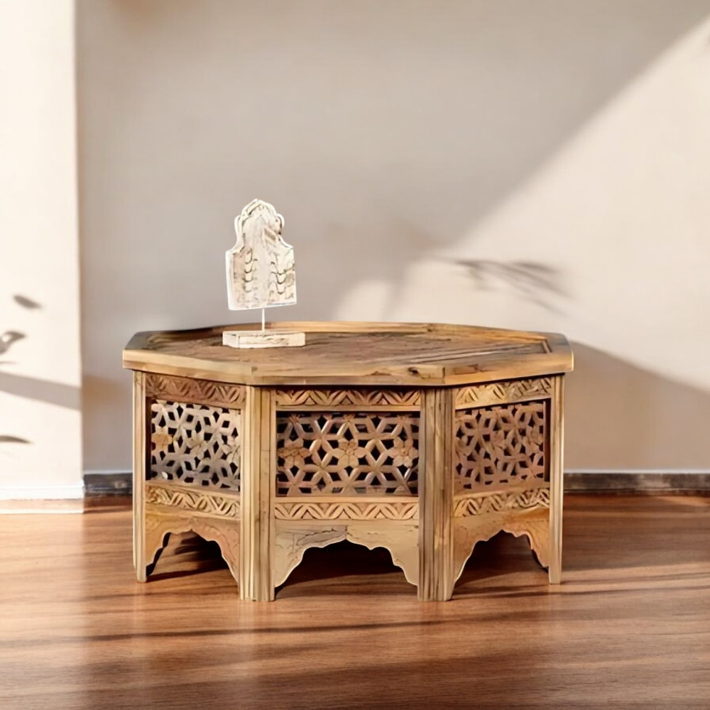 "Rustic coffee table with natural wood grains and a sturdy base, ideal for farmhouse or cozy living room interiors."
