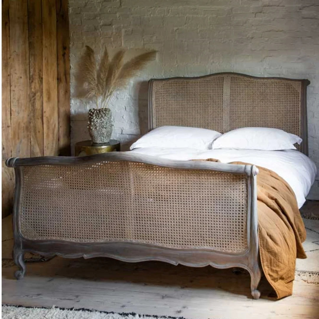 Colonial Reverie Antique Rattan Solid Wood Bed – Rustic White Finish, All Sizes by Living Furn India