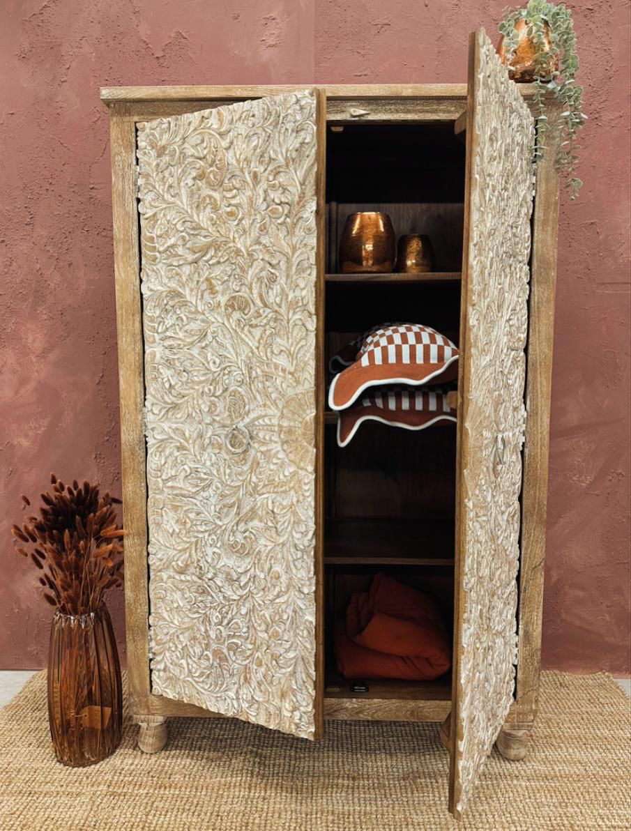 Hand Carved Two Door Mango Wood Wardrobe