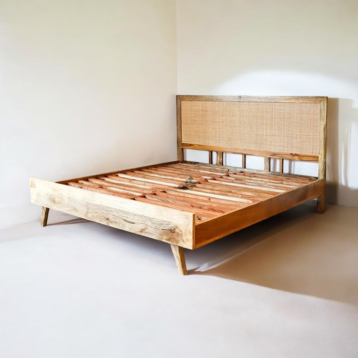 Breeze Cane Bed | Handcrafted Mango Wood & Cane Headboard Bed | King & Queen Sizes | Living Furn India