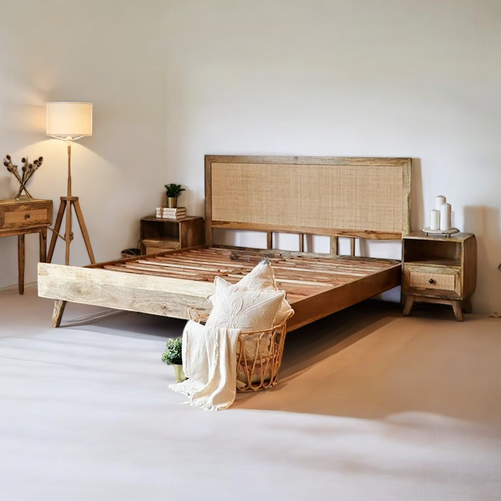 Breeze Cane Bed | Handcrafted Mango Wood & Cane Headboard Bed | King & Queen Sizes | Living Furn India