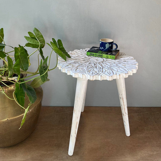 Handengraved Handcrafted Round Mango Wood Side Table/endtable - A Timeless Accent for Your Home