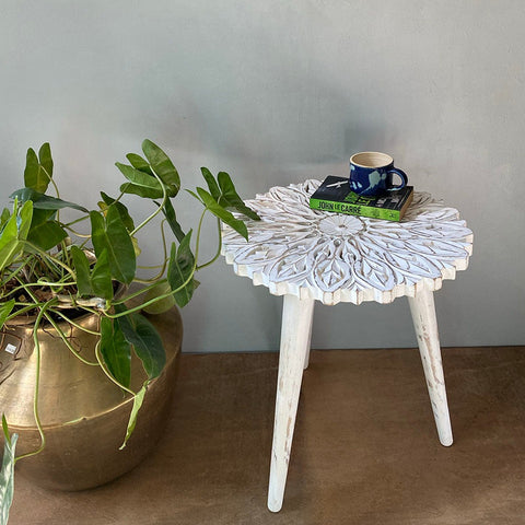 Handengraved Handcrafted Round Mango Wood Side Table/endtable - A Timeless Accent for Your Home