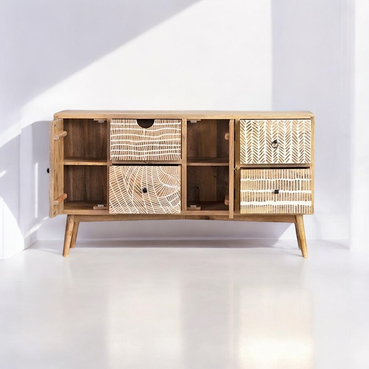 A sleek storage cabinet with shelves and drawers for organizing essentials.
