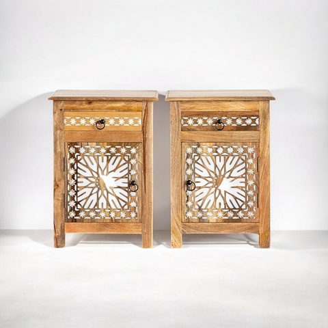 Natural Solid Wood White Hand Carved Set Of Two Bedsides (Bespoke Woodcrafts)