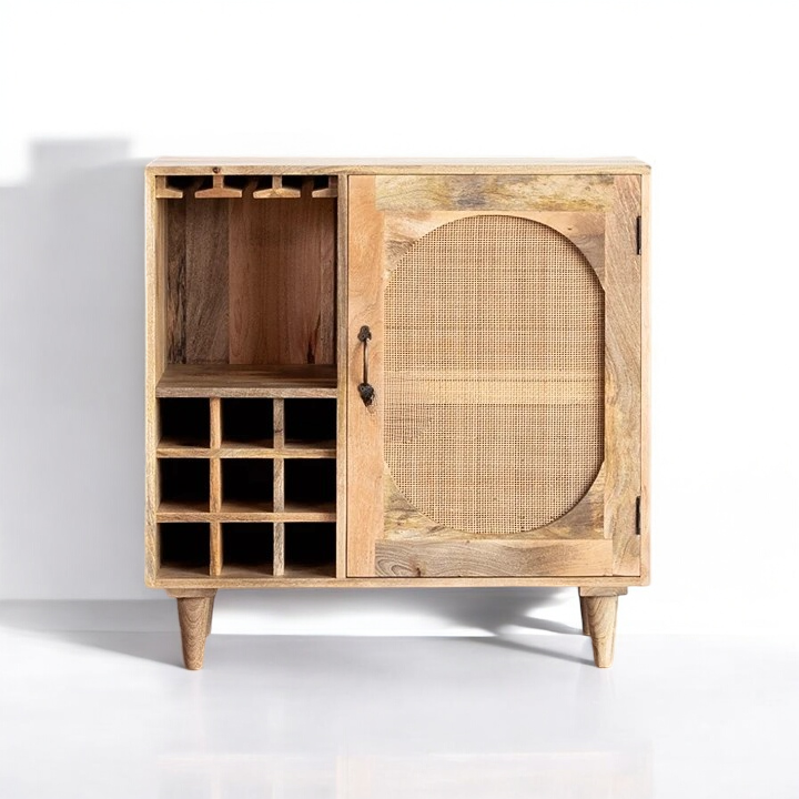 Elegant wooden bar cabinet with ample storage for wine and liquor bottles.
