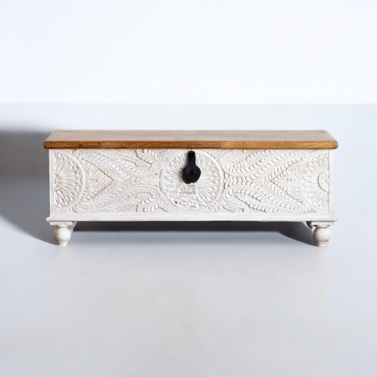 Natural Top and White Hand Carved Solid Wood Trunk Box