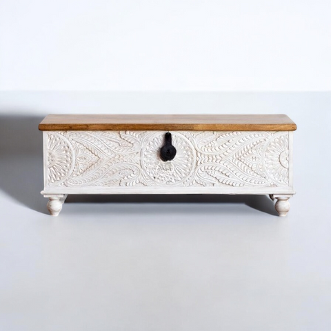 Natural Top and White Hand Carved Solid Wood Trunk Box