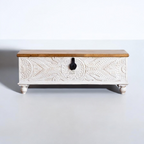 Antique Wooden Box with intricate carvings, ideal for adding rustic charm to any space.
