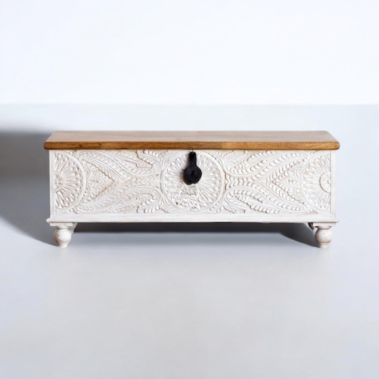 Antique Wooden Box with intricate carvings, ideal for adding rustic charm to any space.
