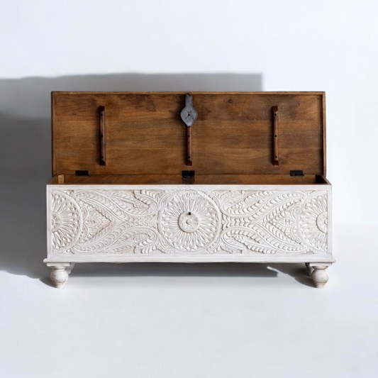 Natural Top and White Hand Carved Solid Wood Trunk Box