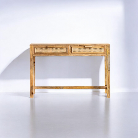 Natural Solid Wood Rattan Two Drawer Console Table