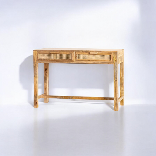 Natural Solid Wood Rattan Two Drawer Console Table