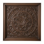 Decorative wooden panel with intricate carvings on a white background
